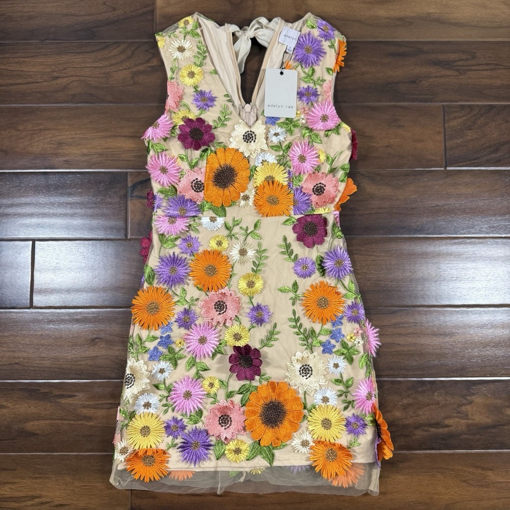 Adelyn Rae Women's Size Small Nude 3D Floral Mesh Justine Mini Dress Flowers